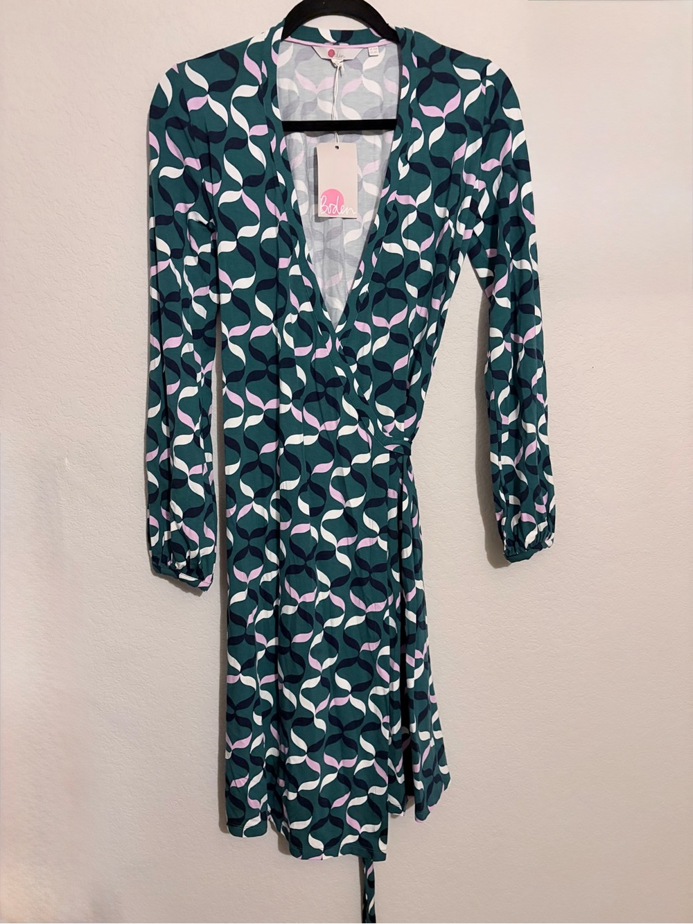 Boden NWT Teal Geometric Wrap Dress with Pink & White Accents -Sz 6R